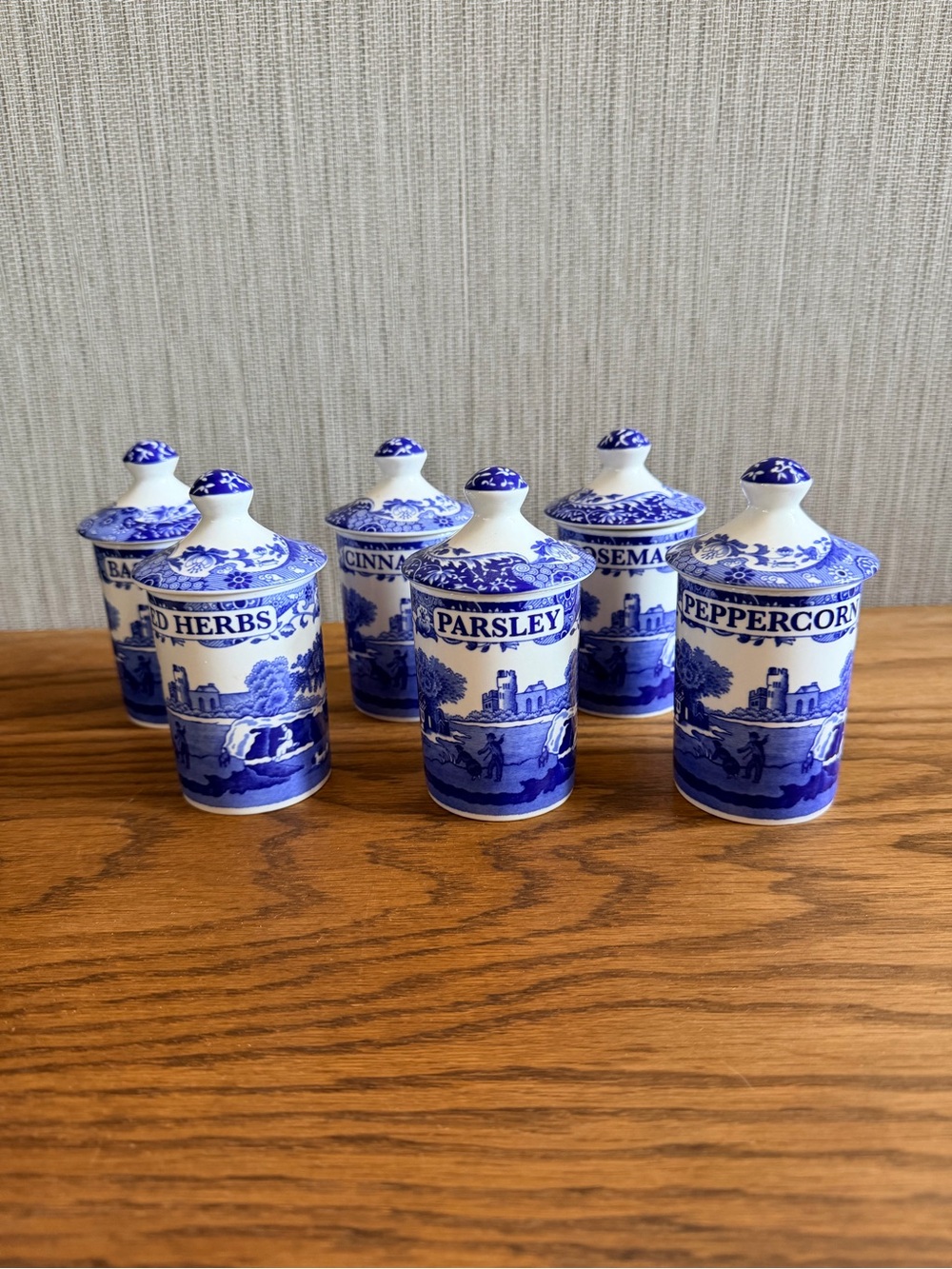 Spode Blue Italian Spice Jars Set of 6 Porcelain Herb Canisters w/Lids